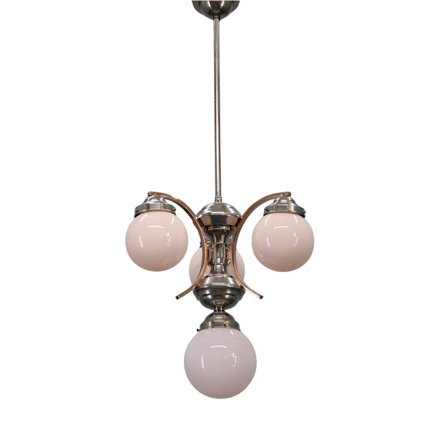 Czech Art Deco Nickel Chandelier with Rose Opaline Glass Globes, 1930s For Sale