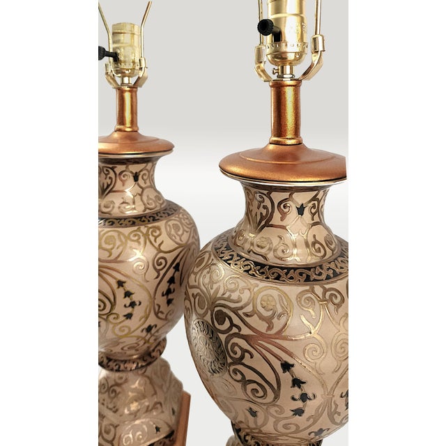 Gold Vintage Hand Painted Ceramic Moorish Table Lamps Restored - A Pair For Sale - Image 8 of 14