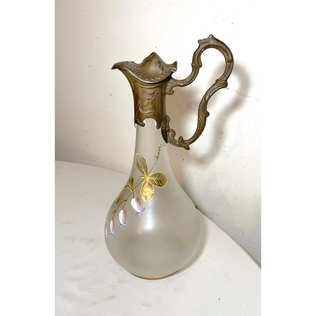 Antique 1800s Ornate Bronze Patinated Painted Frosted Glass Wine Claret Decanter For Sale - Image 4 of 12