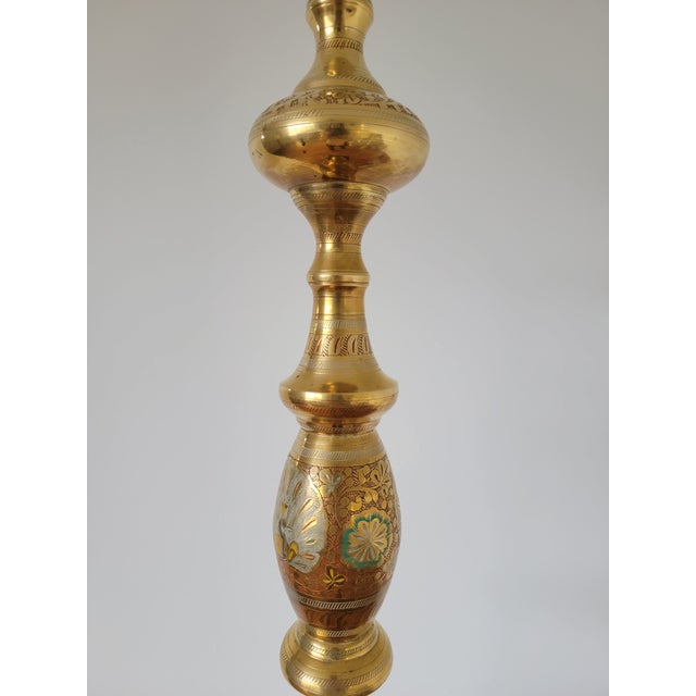 Vintage Hand Painted Brass Floor Lamp From India For Sale - Image 4 of 16