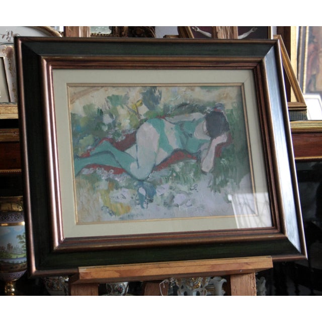 Oil on canvas, "Reclining Woman," by Savino Labò, signed. A beautiful painting depicting a reclining girl, executed in oil...