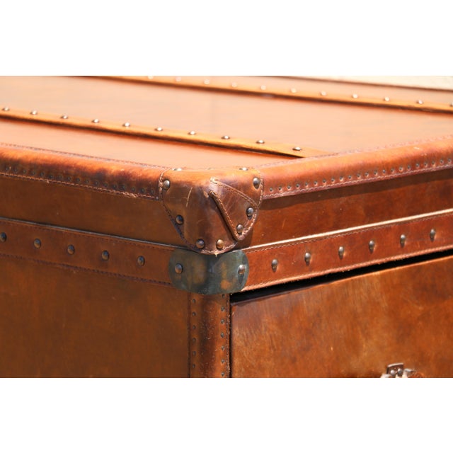 Restoration Hardware Vintage Leather Trunk Coffee Table | Campaign Style Storage Chest Cocktail Table For Sale - Image 15 of 18