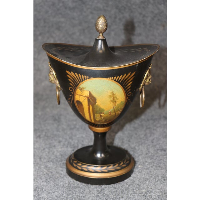 Metal Pair English Style Tole Painted Metal Small Brass Mounted Urns For Sale - Image 7 of 13
