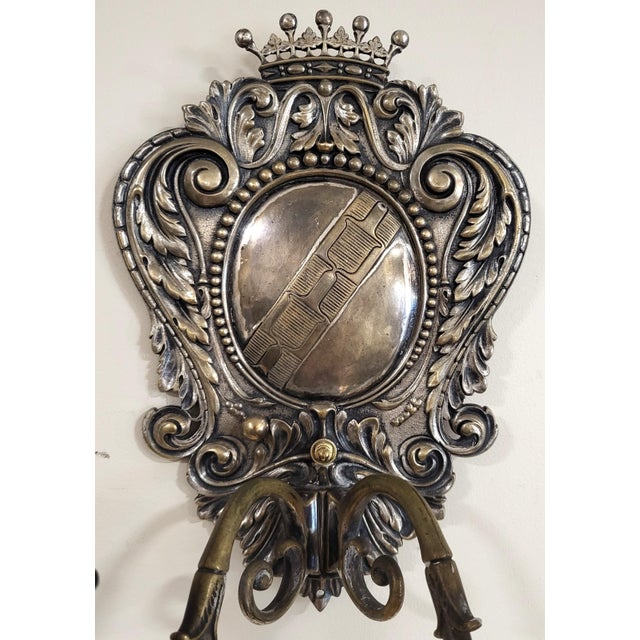 Pair Antique American Coat of Arms Crown Silver Plate Bronze Wall Sconces C&A For Sale - Image 14 of 17