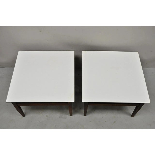 Vintage Mid Century Modern Walnut Base Laminate Top Low Side Tables - A Pair For Sale - Image 10 of 10