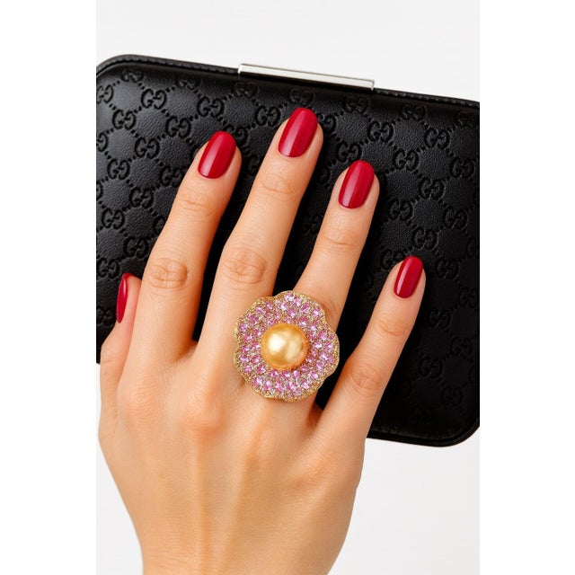 Gemstone Bochic “Orient” Vintage South Sea Pearl & Pink Sapphire Ring Set 18K Gold & Silver For Sale - Image 7 of 7