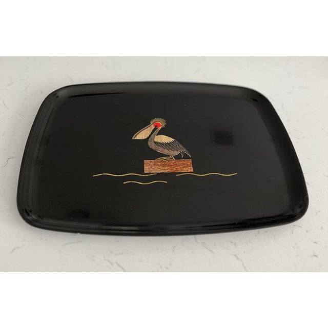 Mid 20th Couroc of Monterey Resin Tray With Stained Wood, and Brass Inlaid Pelican For Sale - Image 9 of 9