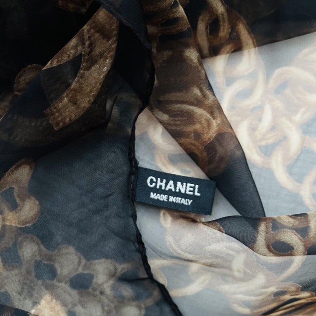 Chanel Black Printed 100% Silk Scarf For Sale - Image 6 of 10