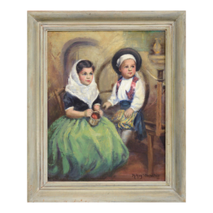 Mid Century Oil Painting Portrait of Two Children in Traditional Dress by M. Ray Stancliff