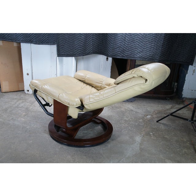 Wood Vintage Stressless Leather Reclining Swivel Lounge Chairs & Ottoman Attributed to Ekornes For Sale - Image 7 of 14