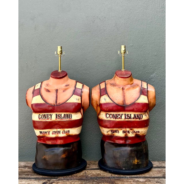 Wood Vintage Coney Island Men's Swim Club Lamps For Sale - Image 7 of 12