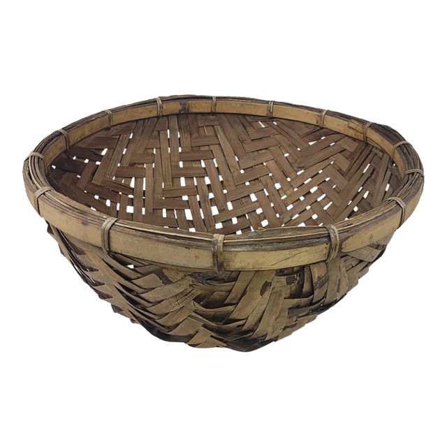 Vintage Hand Woven Bamboo Winnowing Basket Deep Round Rustic Boho Farmhouse For Sale