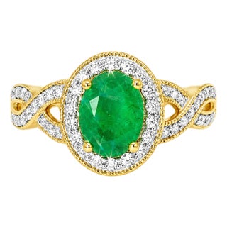 Late 20th Century 14K Yellow Gold Emerald Diamond Cocktail Ring Estate, Size 6.75 For Sale