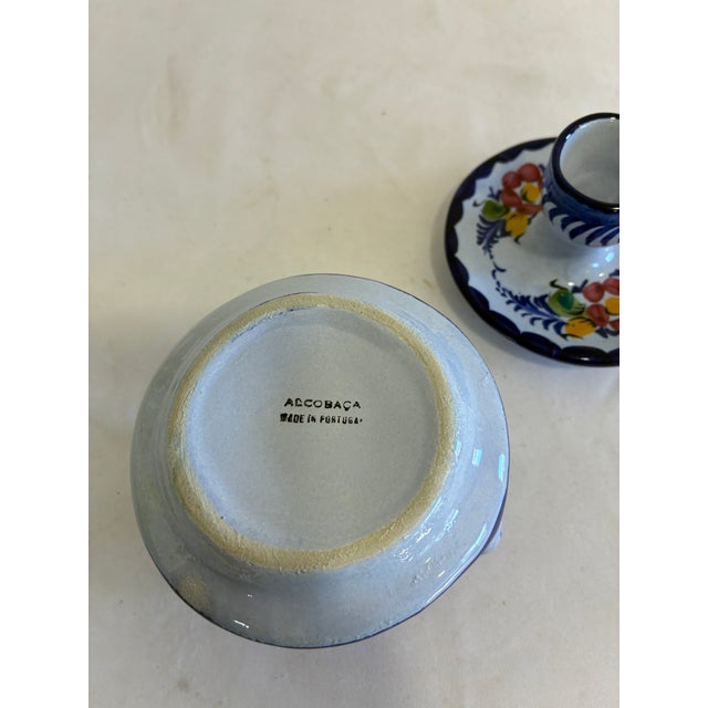Blue Pair of Vintage Alcobaça Portuguese Pottery Candle Holders For Sale - Image 8 of 9