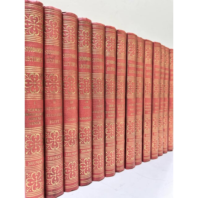 A handsome decorative library set of John L. Stoddard’s famous travel lecture books. Bound in rich red cloth with gilt...