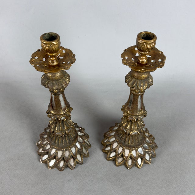 Antique Candlesticks in Gilded Wood, Brass, Mirrored Glass, Set of 2 For Sale - Image 4 of 11