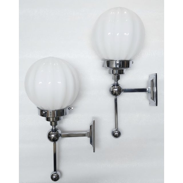 1940s Vintage Art Deco Light Old Lamp Wall Sconces Fixture Nickel Brass & Ribbed Milk Glass Shade Ship Light - Pair For Sale - Image 5 of 5