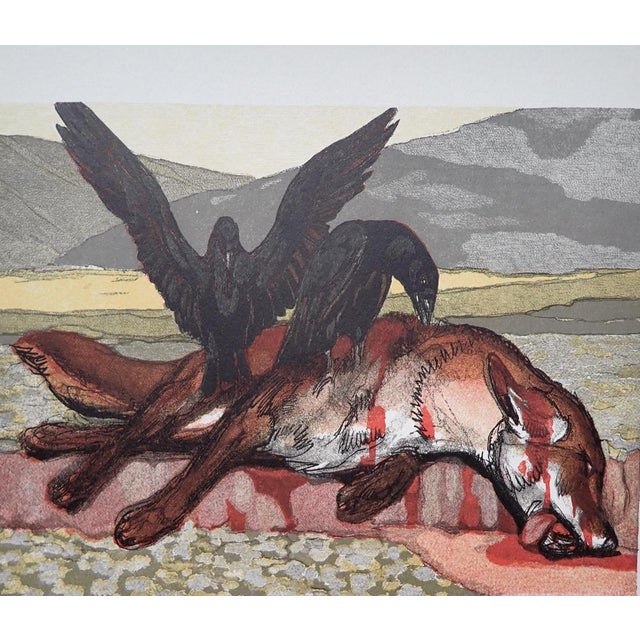 Paul Jouve, The Crows and the Fox on the Ground, Wood Engraving For Sale - Image 4 of 4
