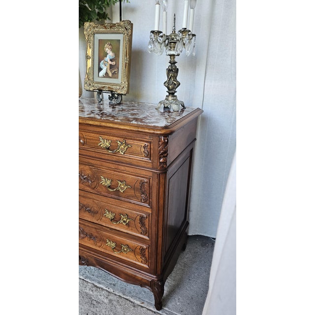 Late 19th Century Walnut Commode Chest, French Louis XV Style. Marble-Top For Sale In Los Angeles - Image 6 of 18