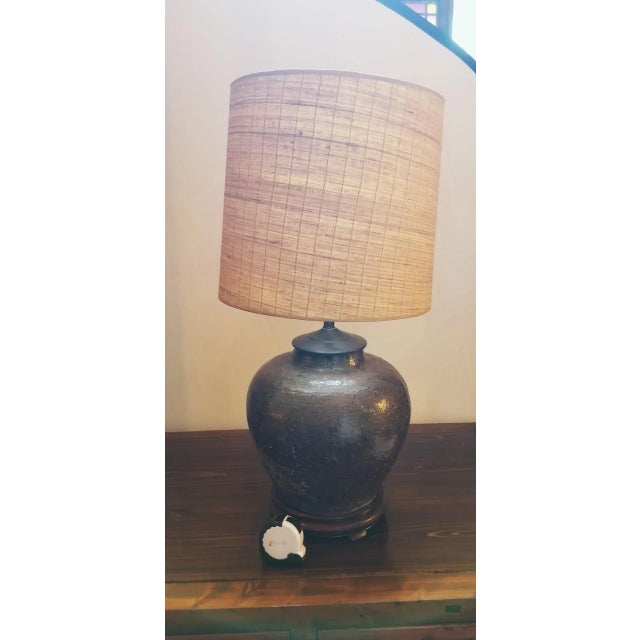 Large 1930s Green-Brown Wine Jar Lamp With Textured Shade For Sale - Image 4 of 6