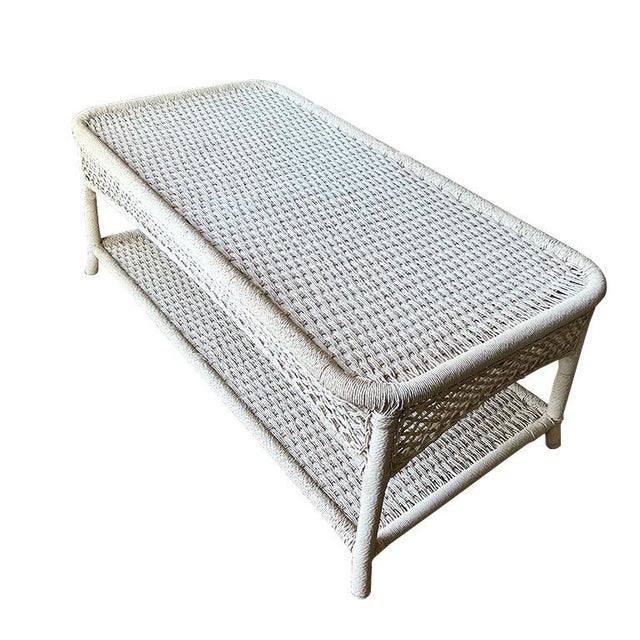 Rectangular French White Rope Wicker Patio Coffee or Cocktail Table ...