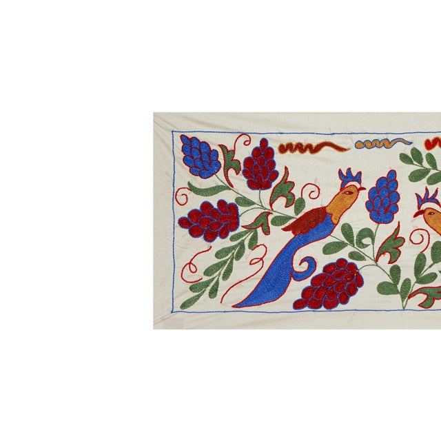 1960s Uzbek Suzani Embroidery | Colorful Bird & Floral Motif Wall Tapestry Art 1'4'' X 3'1'' For Sale - Image 5 of 10