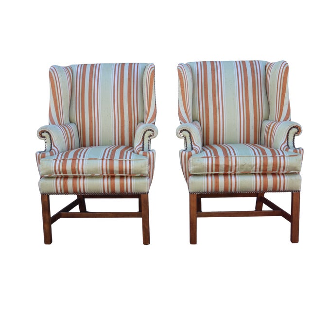 Baker Furniture Company Vintage Baker Furniture Celadon & Rust Striped Wingback Chairs With Nailhead Trim — Pair For Sale - Image 4 of 18