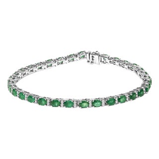 14K White Gold Alternating Oval Green Emerald and Diamond Tennis Bracelet For Sale