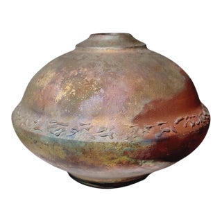 Japanese Raku Pottery Vase Signed George M. Blackman Brutalist Art 9" X 12.75" For Sale