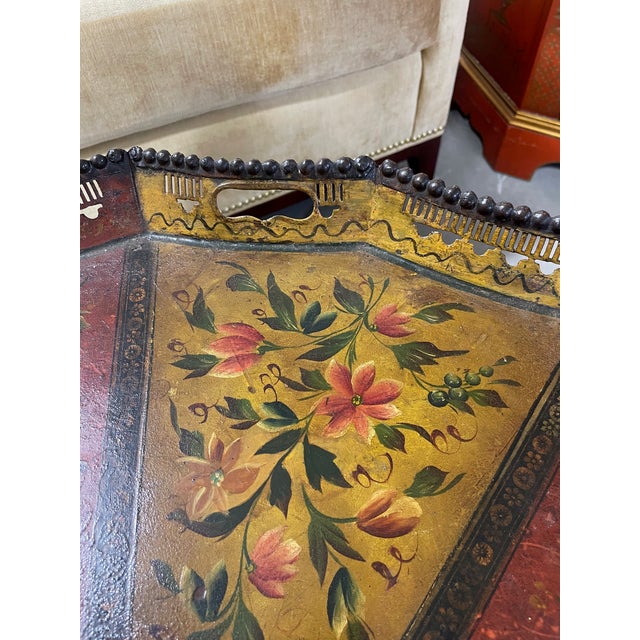 Metal Antique Tole Tray on Stand For Sale - Image 7 of 8