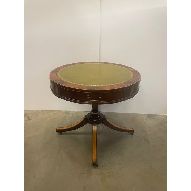 Round Flame Mahogany Side Table With Green Apple Leather Top | Chairish