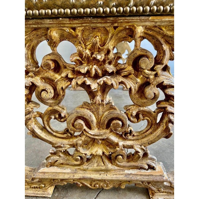 Italian Carved Giltwood Bench W/ Embossed Leather For Sale - Image 10 of 17