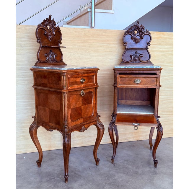 French Provincial Antique French Mahogany Night Stands with marble top and crest, 1900, A Pair For Sale - Image 3 of 18