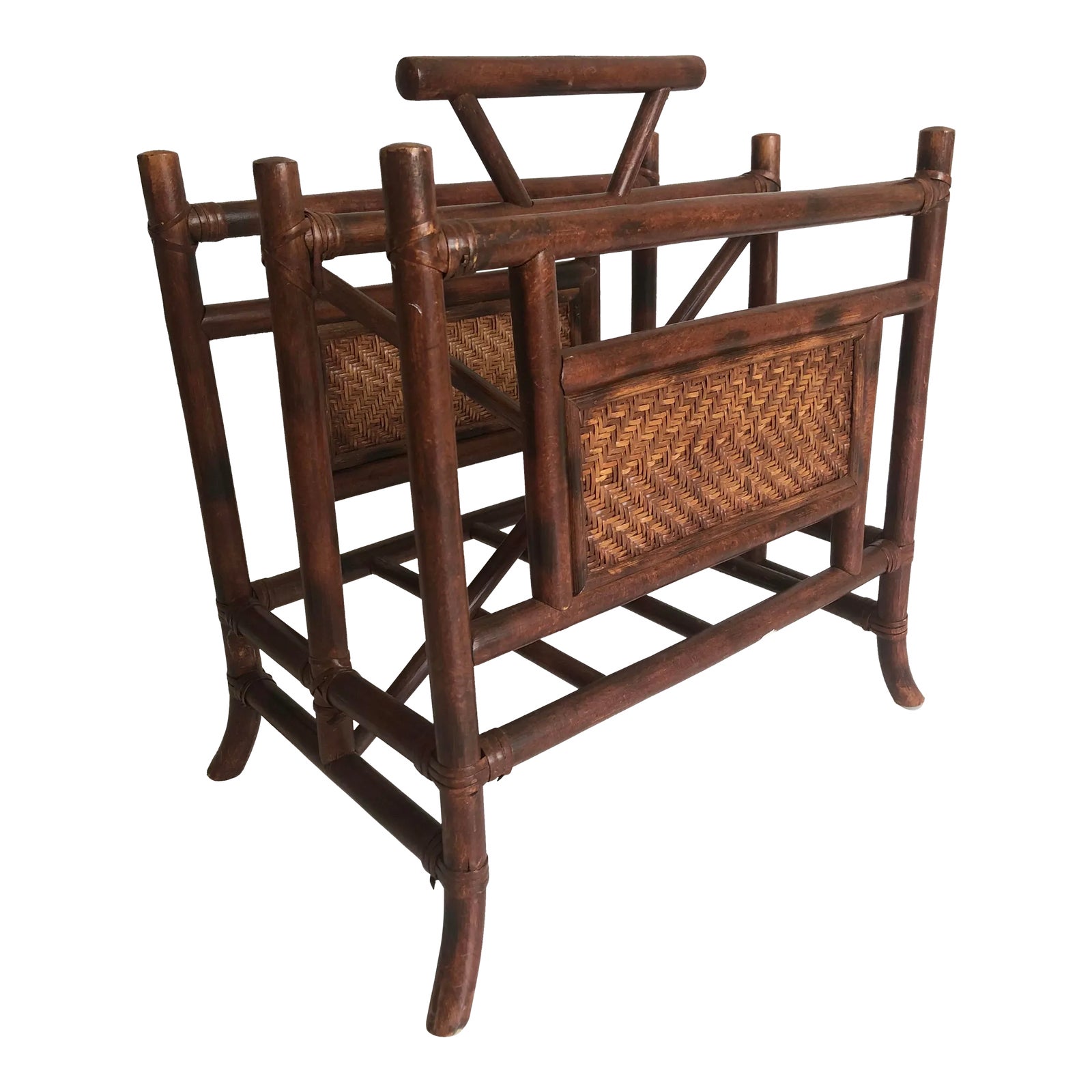 Vintage Coastal Woven Rattan and Bamboo Magazine Rack | Chairish