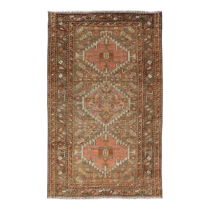 Antique Persian Hamedan in Rustic Earthy Tones With Tribal Medallions