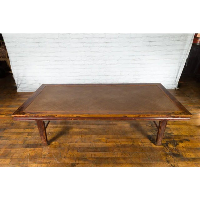Chinese Qing Dynasty Elm Opium Bed Coffee Table with Rattan Top and Distressing For Sale - Image 10 of 13