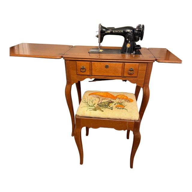 Antique, Functional Electric Sewing Machine Model 15-91 Wooden Desk With Needlepoint Bench For Sale