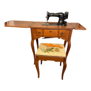 Antique, Functional Electric Sewing Machine Model 15-91 Wooden Desk With Needlepoint Bench