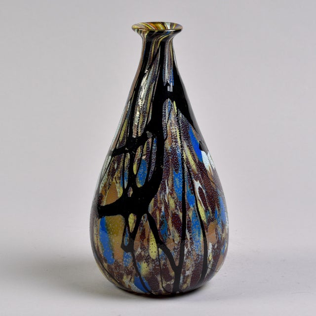 Tall Vintage Signed + Orig Label Carlo Moretti Blue Black Gold White Murano Glass Vase For Sale In Detroit - Image 6 of 12