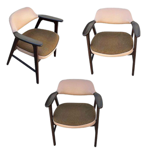 Mid-Century Dark Oak Accent Armchairs W/ Beige Seat by Paoli Furniture, Set of 3