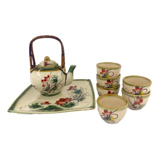 Asian Modern Bat Trang Vietnamese Ceramic Teapot, 6 Teacups & Dessert Tray With Striking Hand Painted Lotus Motif - Set of 8 For Sale