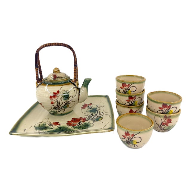 Asian Modern Bat Trang Vietnamese Ceramic Teapot, 6 Teacups & Dessert Tray With Striking Hand Painted Lotus Motif - Set of 8 For Sale