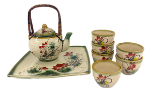 Asian Modern Bat Trang Vietnamese Ceramic Teapot, 6 Teacups & Dessert Tray With Striking Hand Painted Lotus Motif - Set of 8