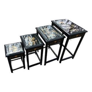 Set 4 Nesting Tables Chinoiserie Black Lacquer Soapstone Carved Figures For Sale