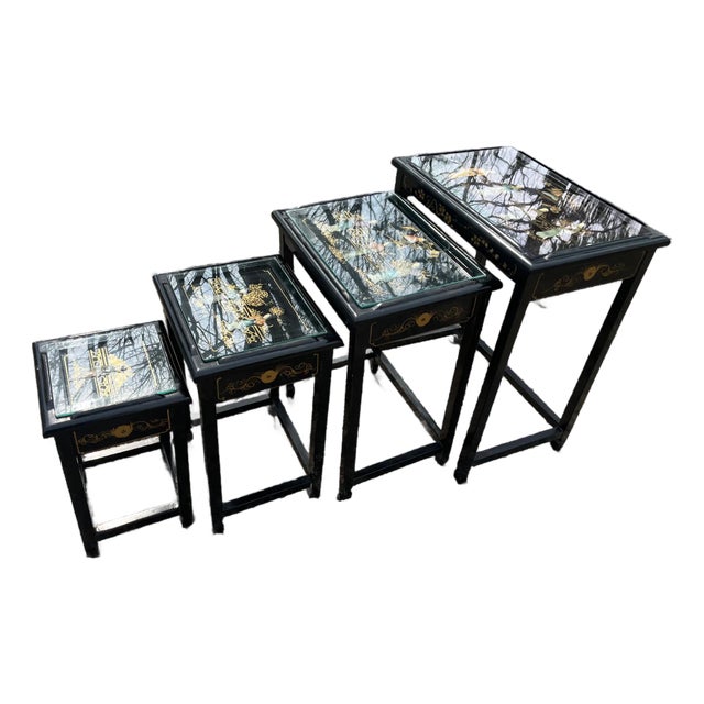 Set 4 Nesting Tables Chinoiserie Black Lacquer Soapstone Carved Figures For Sale