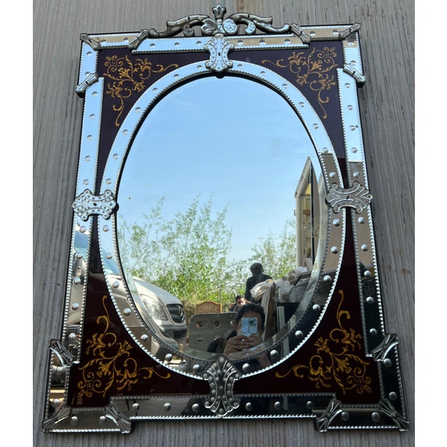 Neoclassical 1880-1900 Venetian Mirror with Pediment Garnet Glass Adorned with Flowers For Sale - Image 3 of 18