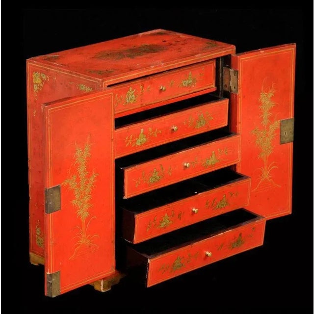 Red Chinese Export Miniature Cabinet Jewelry Box For Sale - Image 8 of 11