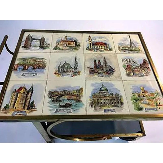 Modern Mid-century Italian Modernist European Cities Tile Bar Cart For Sale - Image 3 of 8