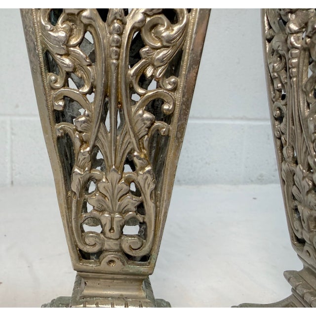 Metal Pair of Antique Victorian Reticulated Open Worked Nickel Plated Brass Vases For Sale - Image 7 of 11
