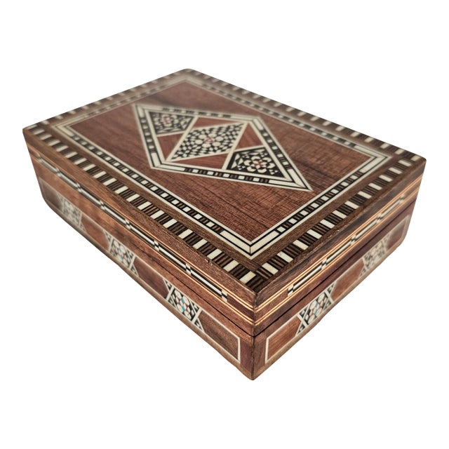 Moroccan Inlaid Marquetry Hardwood Box Ornate Khatam Style For Sale